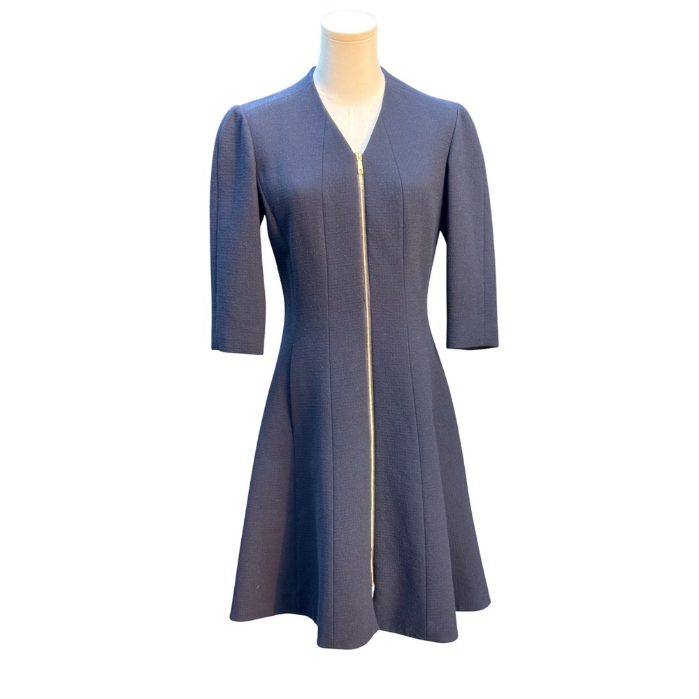 Lafayette 148 Rosalie NY Wool Zip Front V Neck Dress Sz 4 Navy A Line MSRP $549